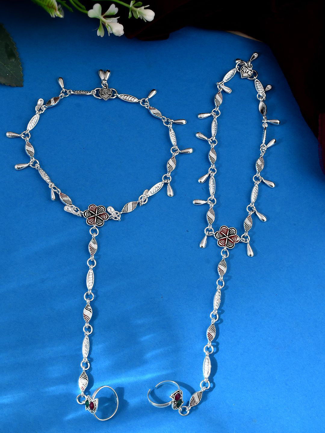 Silvermerc Designs Silver-Plated Stones Studded and Beaded Toe Ring Anklets