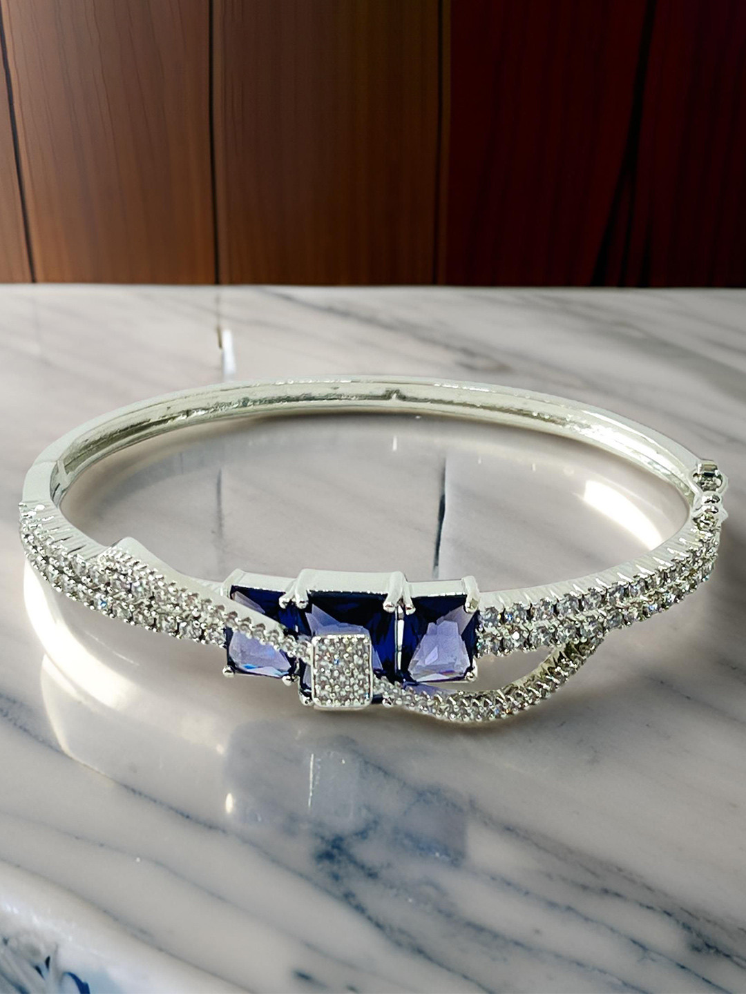 J D Jewellers Women American Diamond Antique Silver-Plated Kada Bracelet