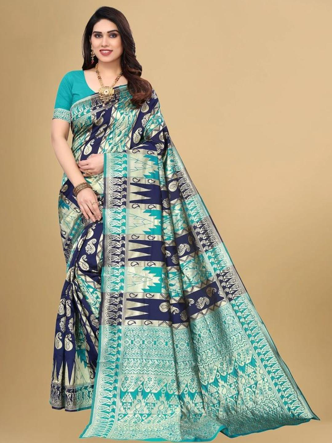 Kevami Fashion Women Rama Green Kanjeevaram Saree