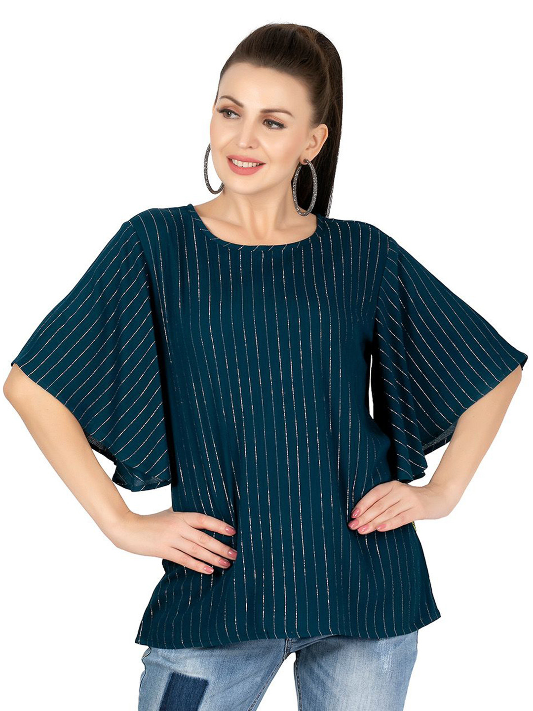 SANAA Women Round Neck Striped Print Flared Sleeves Top