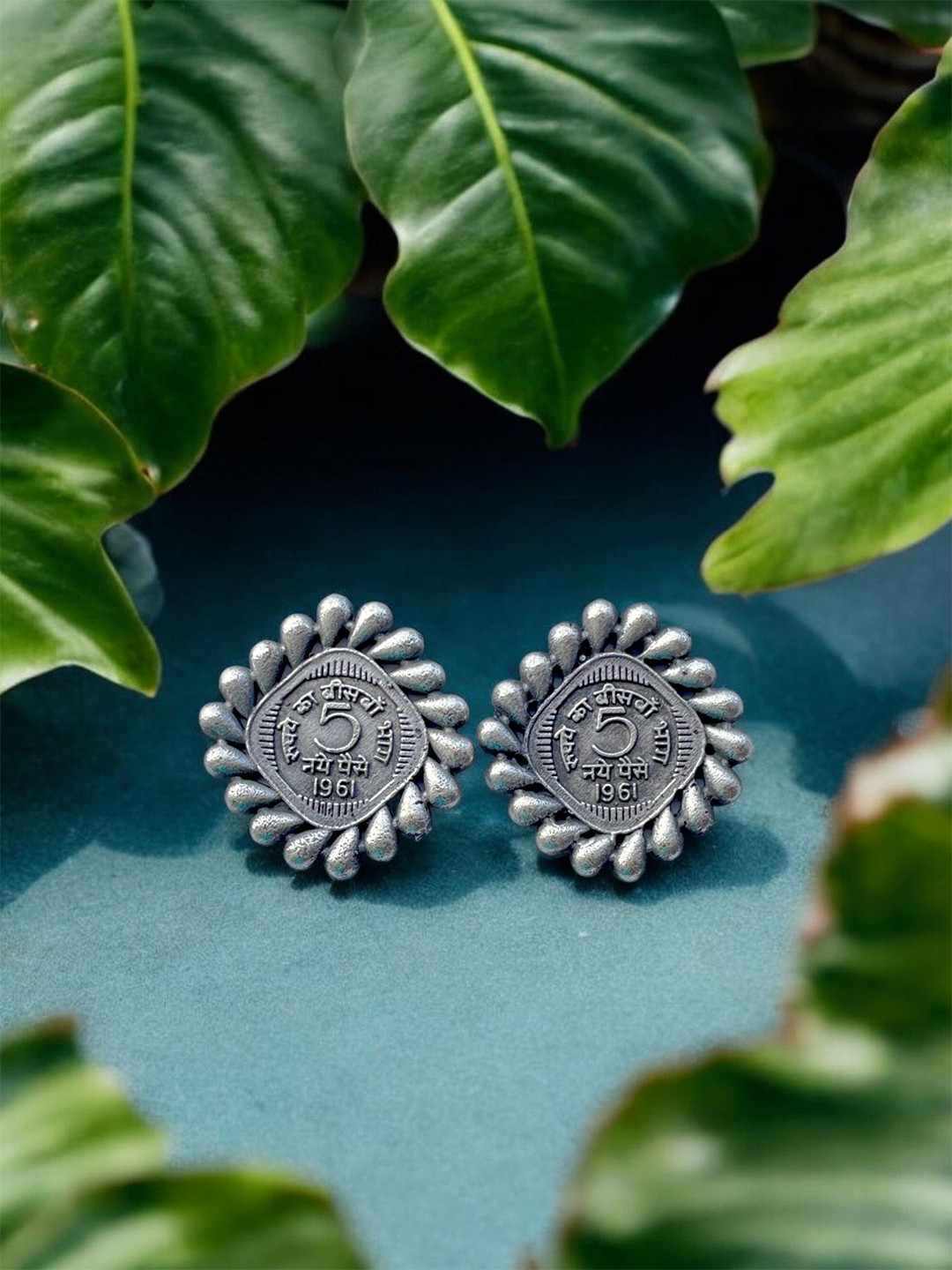 Jhumki Wala Silver Coin Shaped Oxidised Studs
