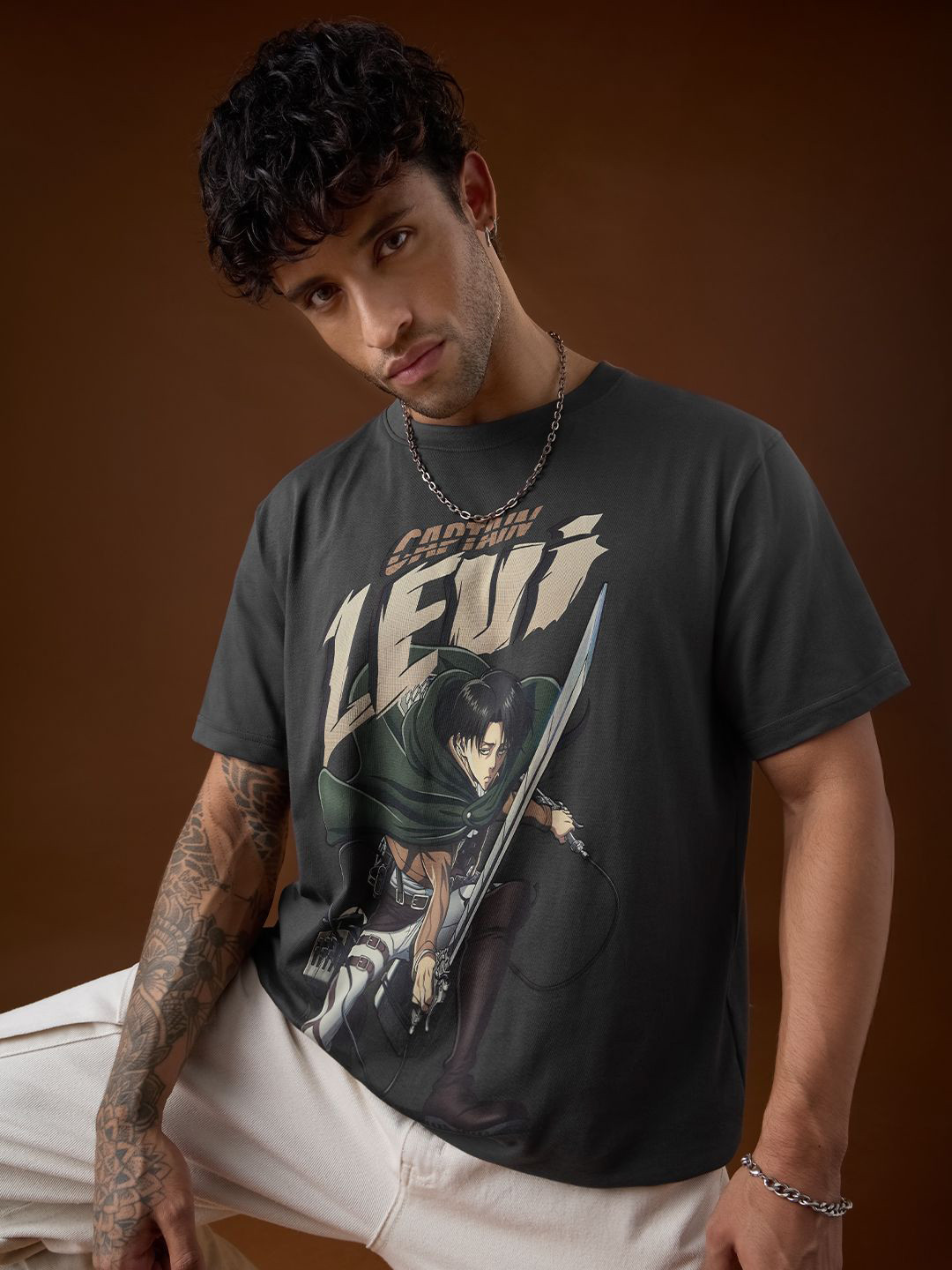 The Souled Store Attack On Titan Captain Levi Printed Relaxed Fit Pure Cotton T-Shirt