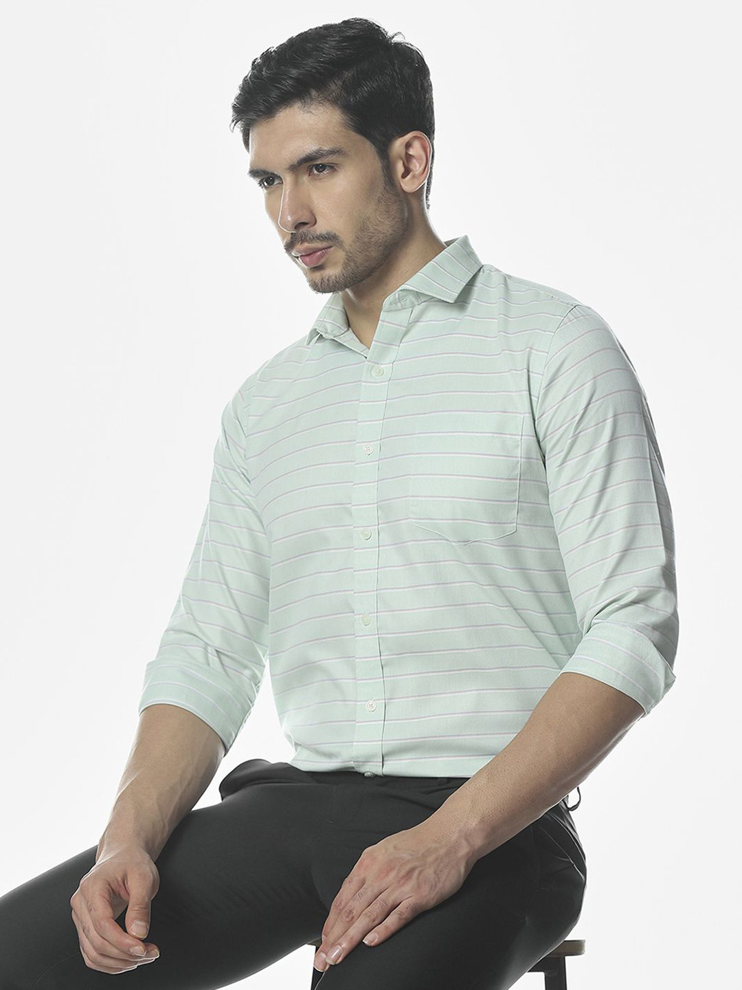 Klub Fox Horizontal Striped Spread Collar Slim Fit Cotton Formal Shirt