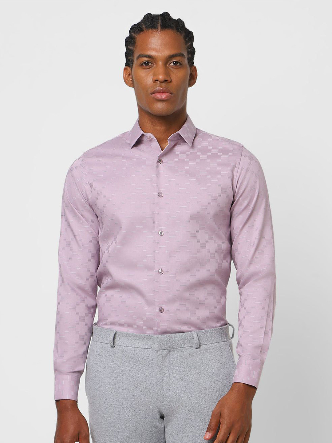 The Collection Men Classic Slim Fit Geometric Printed Spread Collar Cotton Formal Shirt