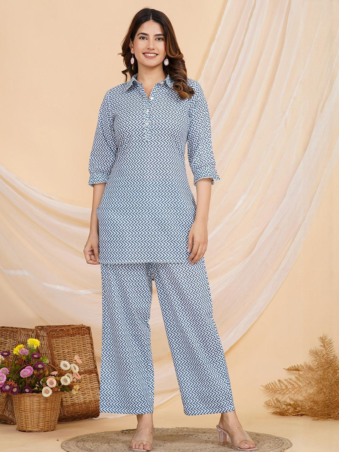 SAME FIT Printed Pure Cotton Shirt Collar Top & Trousers