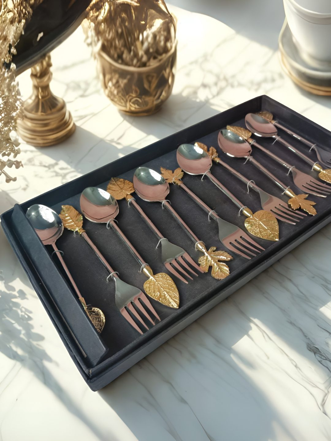 THE HOME CO. Set Of 12 Gold & Silver Plated Leaf Design Stainless Steel Cutlery Set