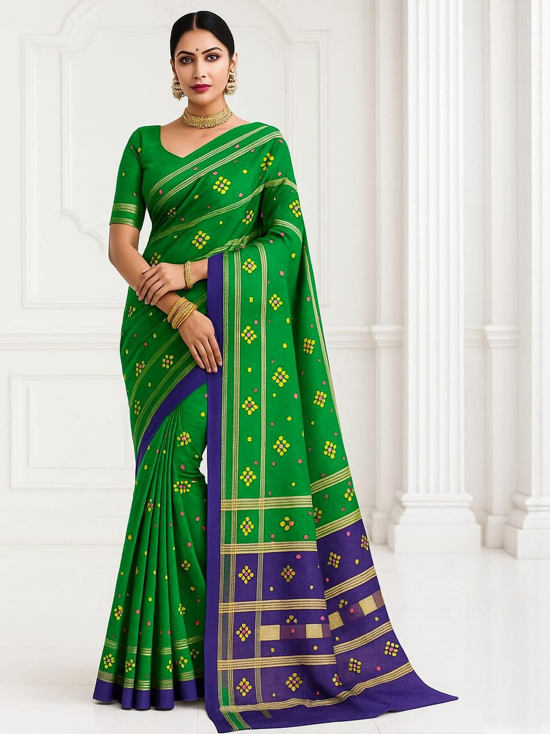 Silakaari Green Pure Cotton Bandhani Sarees