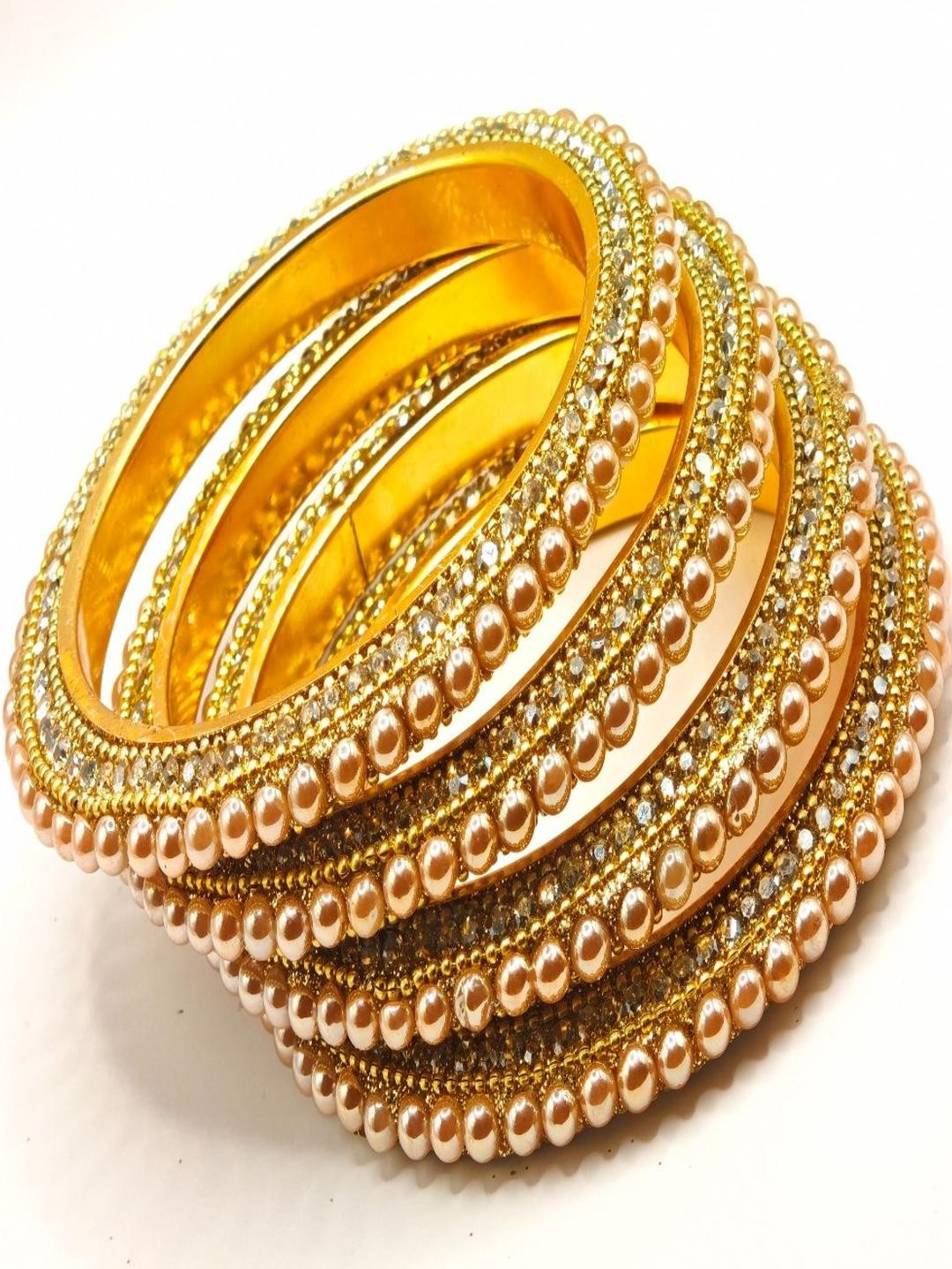 SAPRAA TRENDS Set Of 4 Gold-Plated Stone-Studded & Beaded Bangles