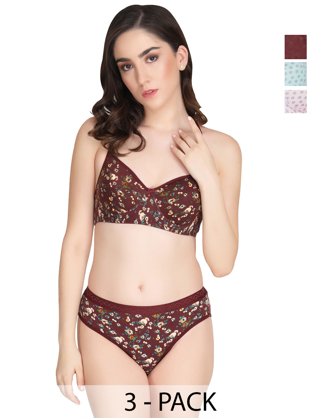 Liigne Pack Of 3 Printed Padded Bra Pure Cotton Lingerie Set