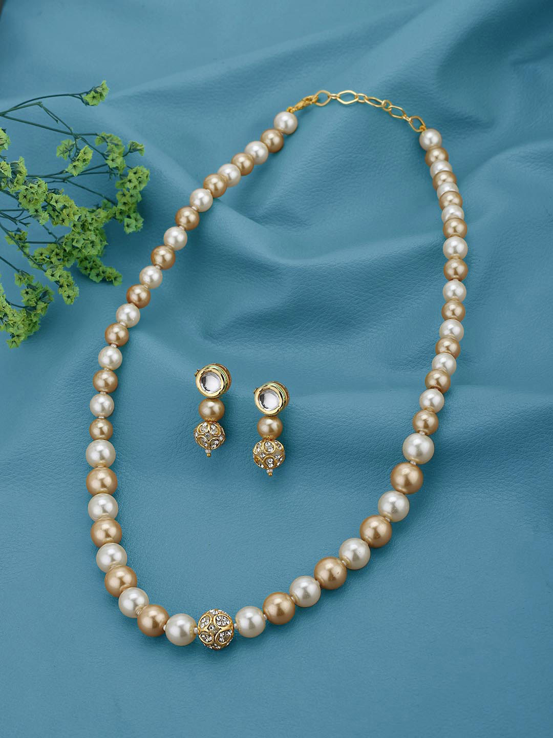 Carlton London Gold Plated Multi Colour Pearl Beaded and CZ Jewellery Set