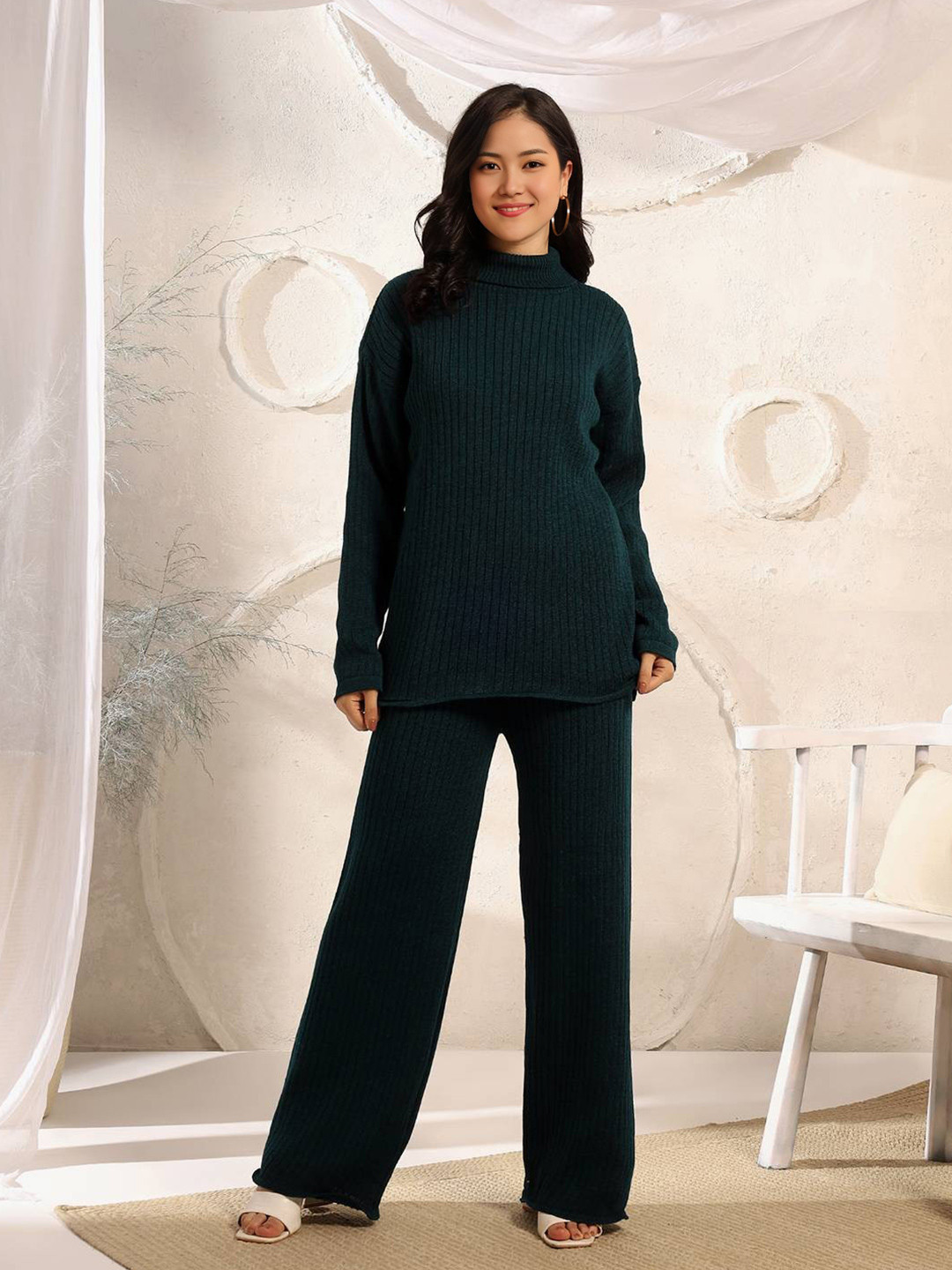 Teal Self Design High Neck Sweater with Trousers