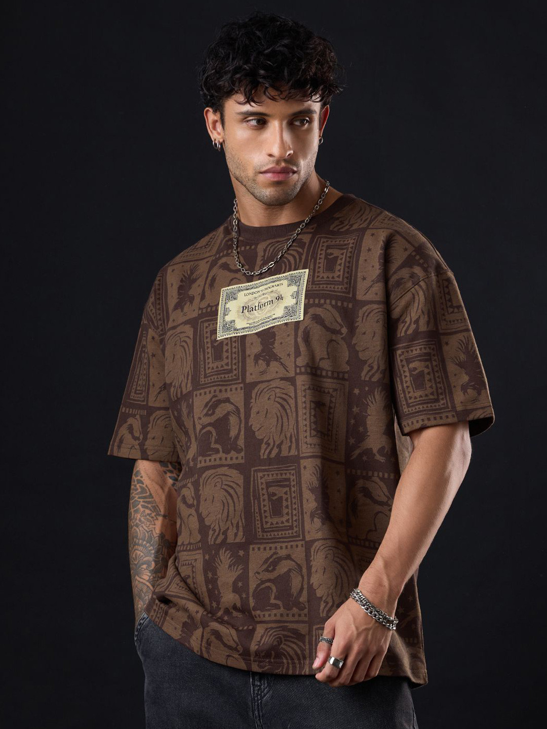 The Souled Store Official Men Harry Potter: Platform Ticket Brown Oversized Fit T-Shirt