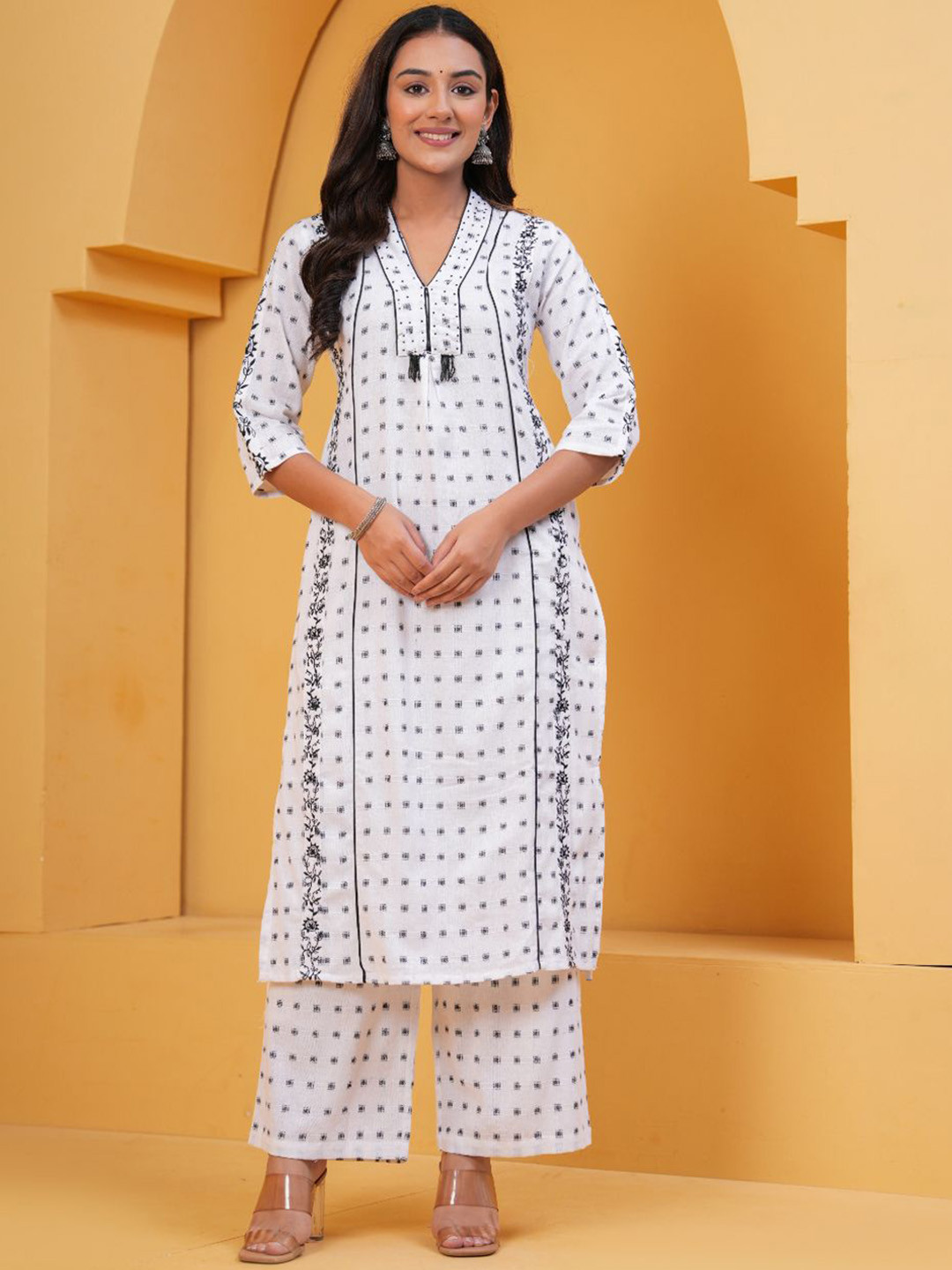 CRENOL THREADS Printed V-Neck Pure Cotton Tunic With Palazzo