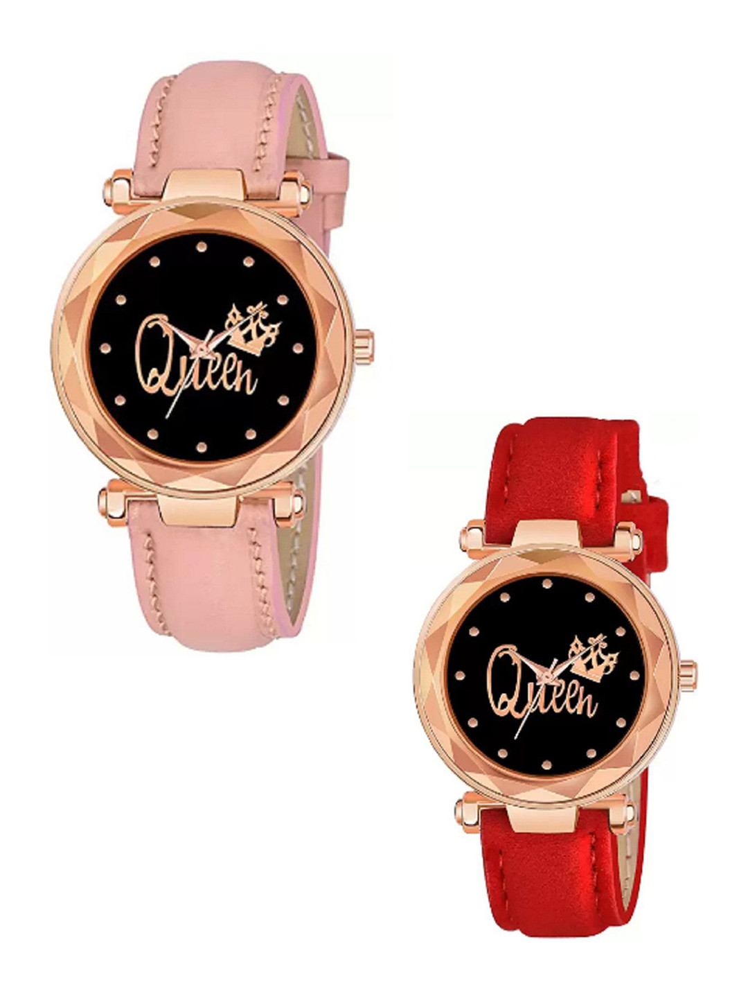 Miss Perfect Unisex Pack Of 2 Embellished Dial & Leather Straps Analogue Watch DF42