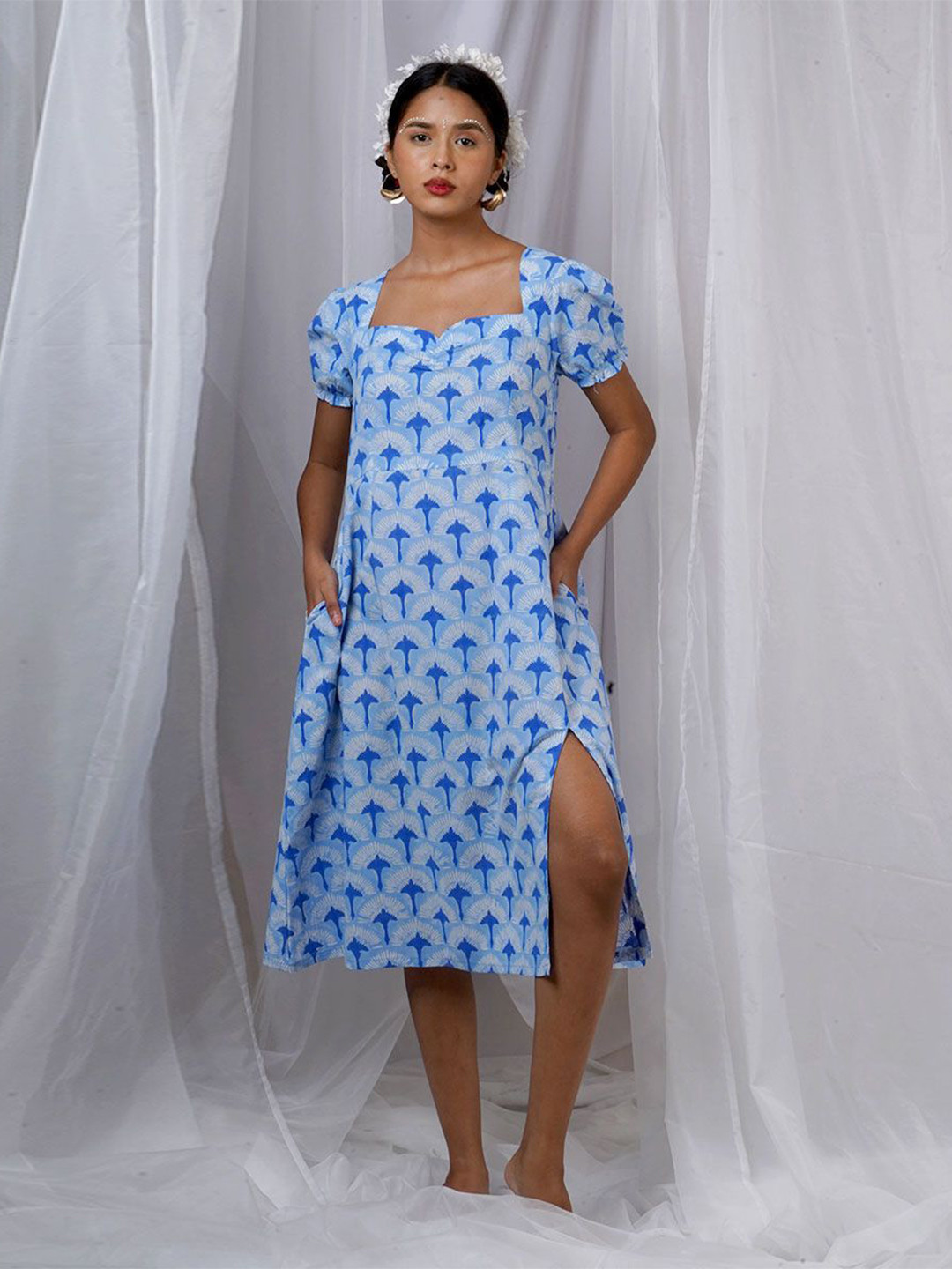 Chidiyaa Women Ishani Blue Hand Block Printed A-Line Dress