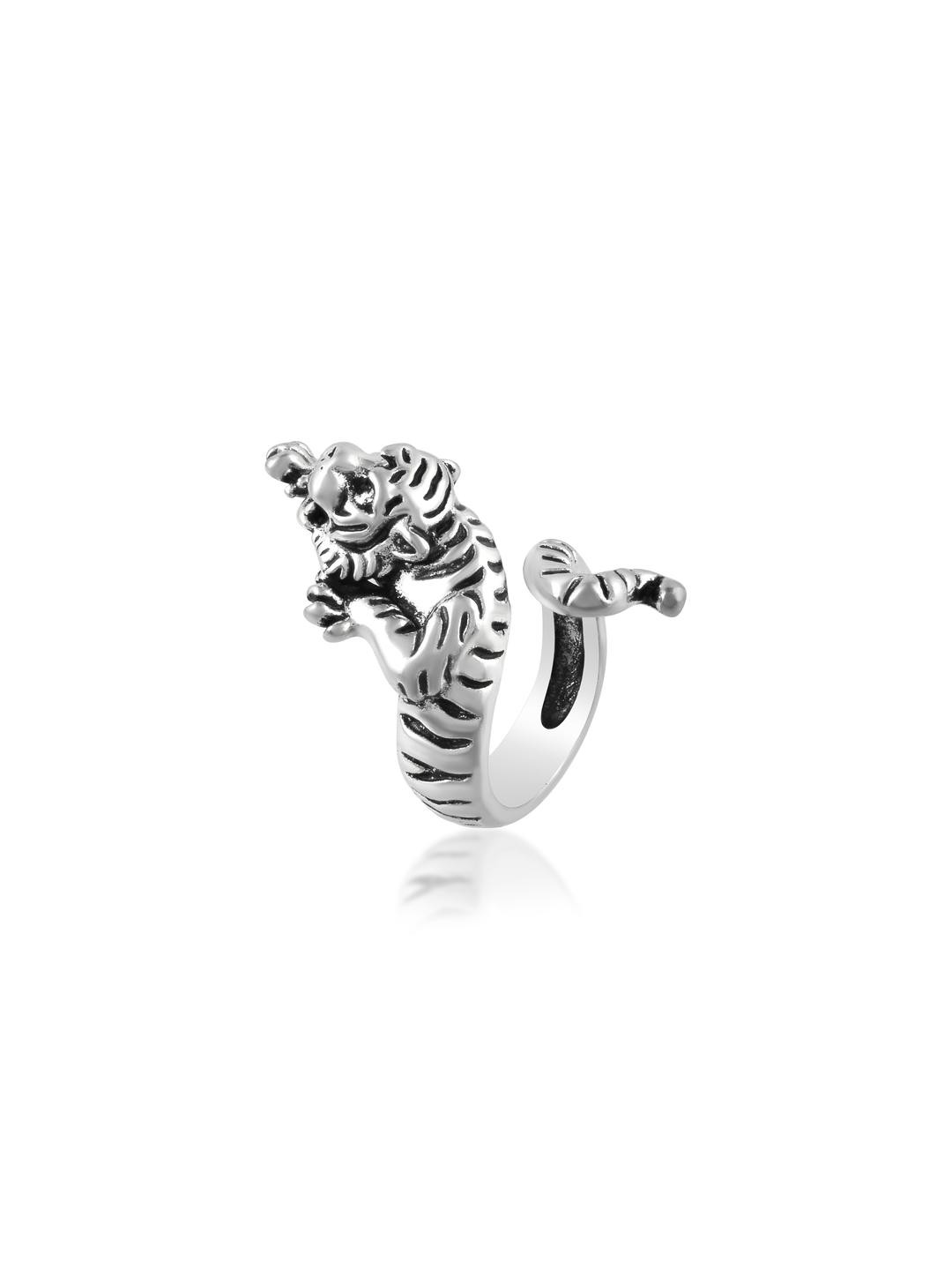 DZINETRENDZ Unisex Silver Toned Attacking Tiger Finger Ring