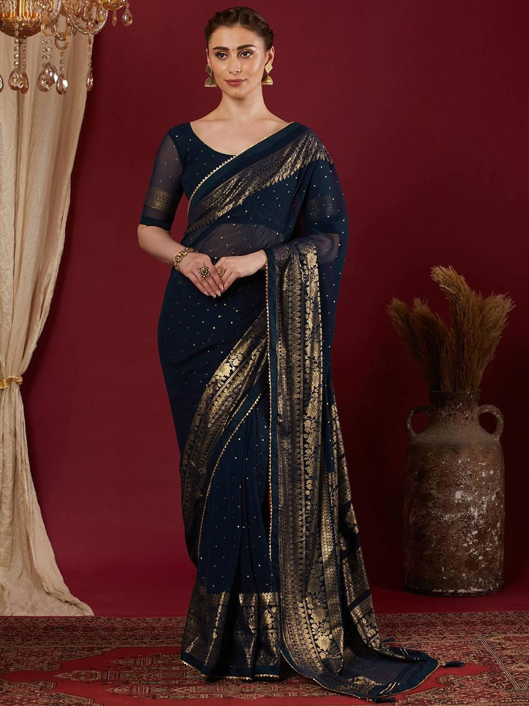 HERE&NOW Ethnic Motif Printed Gotta Patti Pure Georgette Tussar Saree