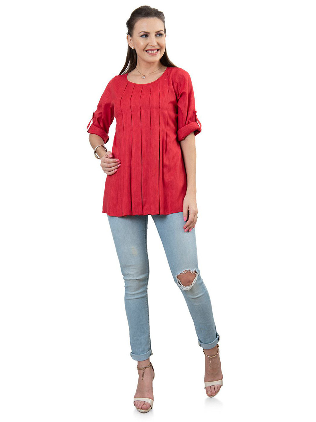 SANAA Pleated Women Round Neck Roll-Up Sleeves Top
