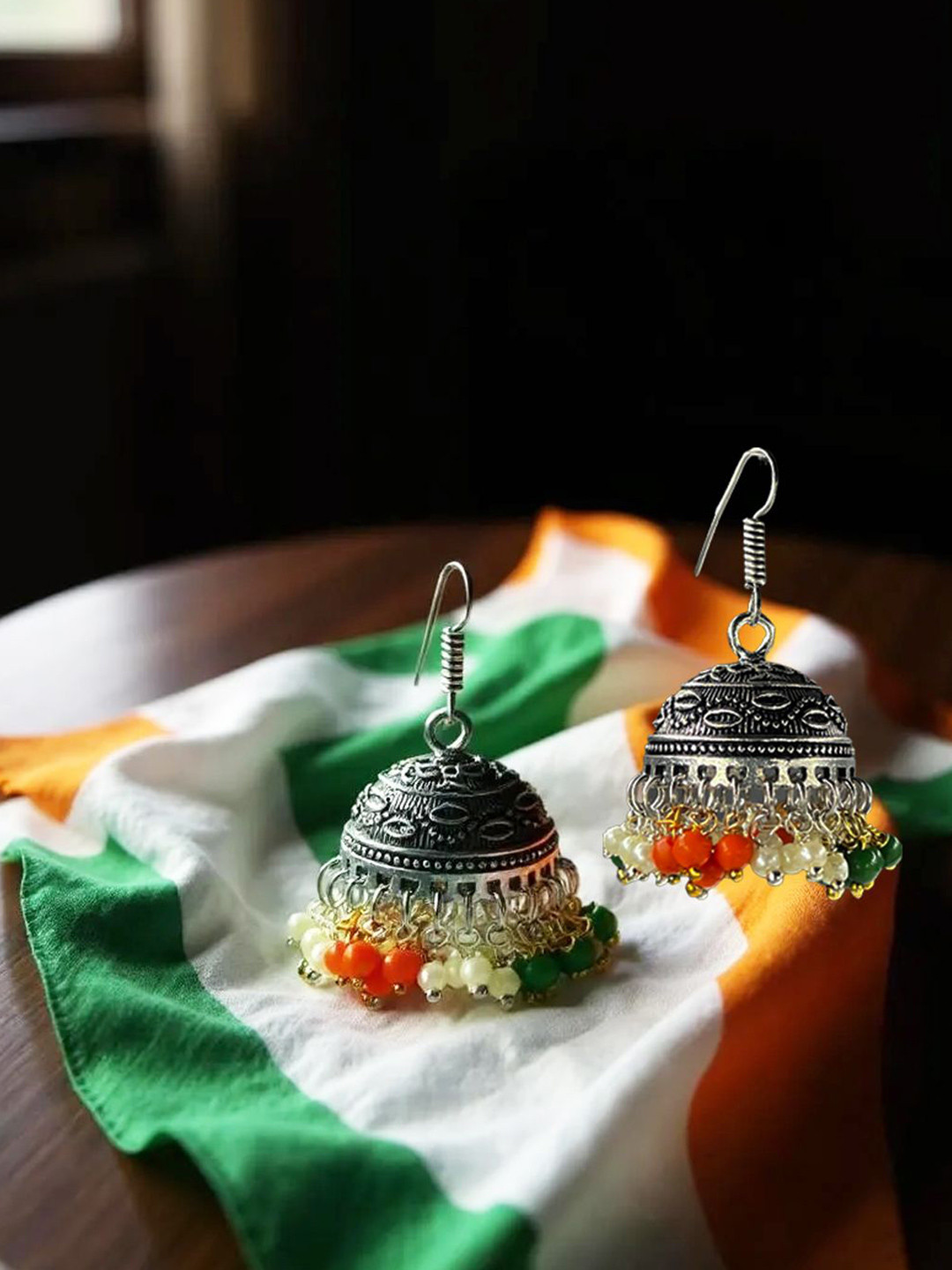 The Style Courtyard Artificial Beaded Oxidised Dome Shaped Jhumkas