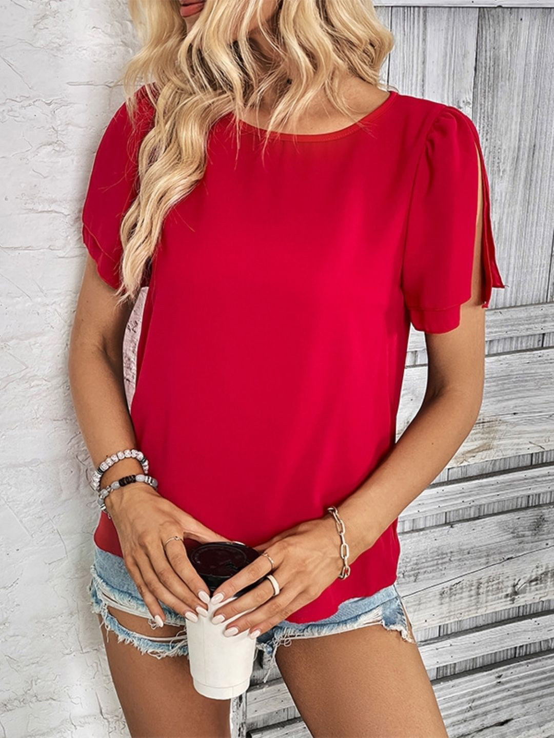 StyleCast Women Boat Neck Puff Sleeves Top