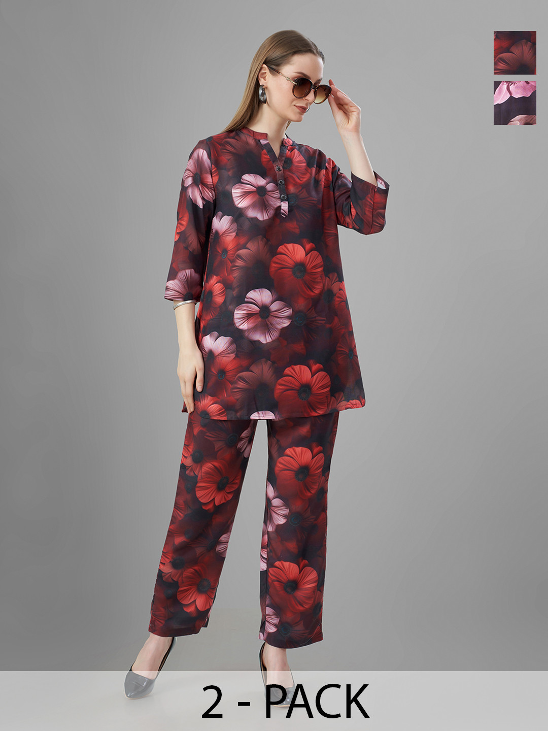 TITTLI Pack Of 2 Floral Printed Mandarin Tunic With Trousers