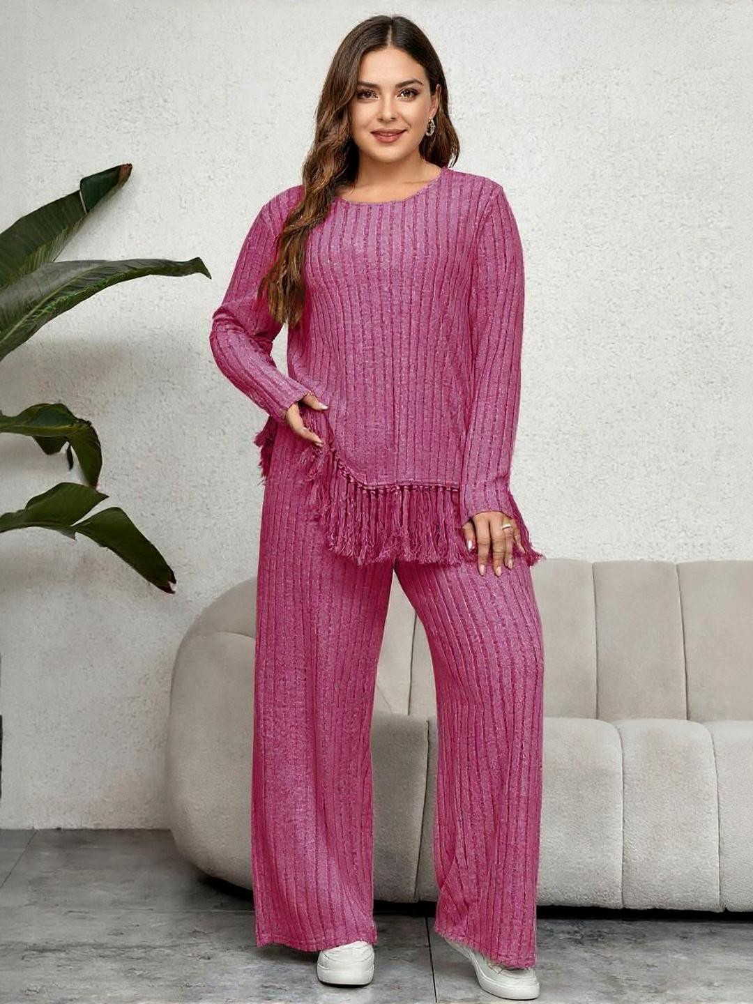 Sztori Plus Size Round-Neck Rib Knit Top With Trousers Co-Ords