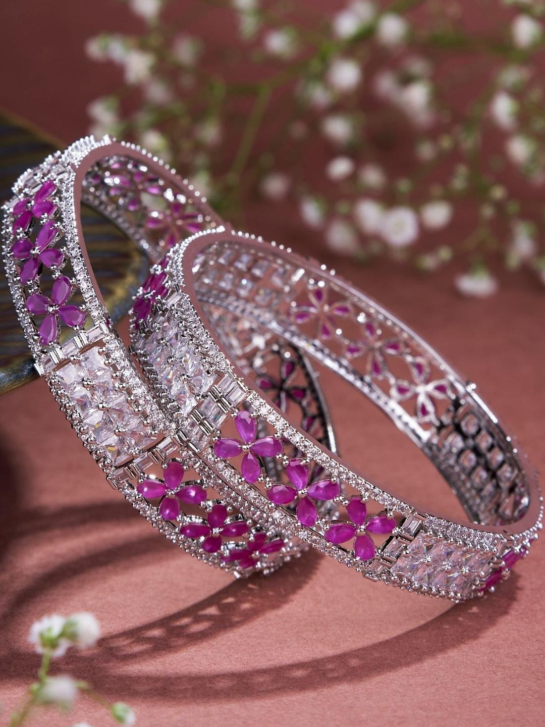 Opal Touch Set Of 2 Rhodium-Plated Crimson Flower American Diamond Studded Bangles