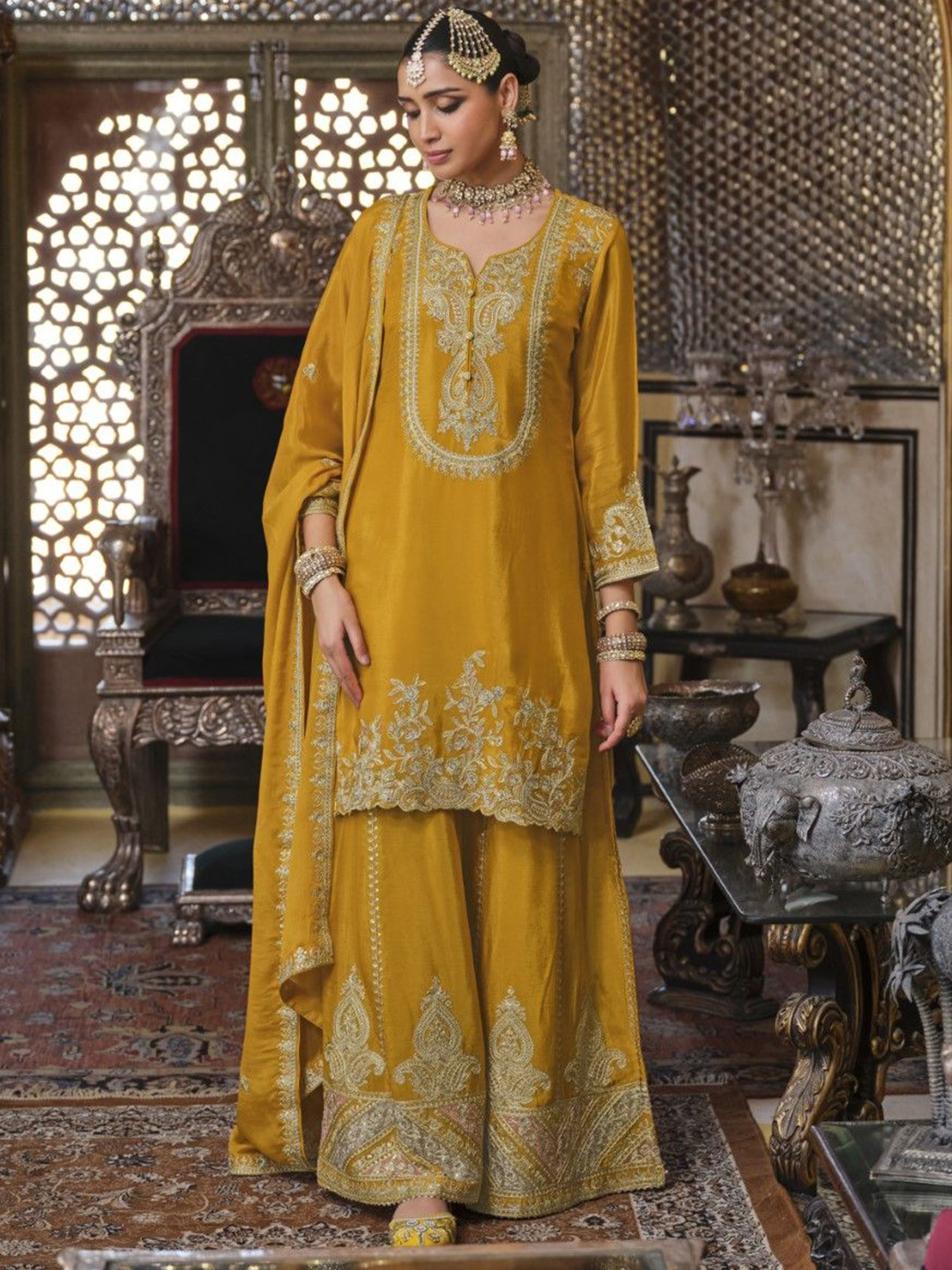 AUTUMN LANE Gunja Amber Paisley Embroidered Sequinned Kurta With Palazzos & Dupatta