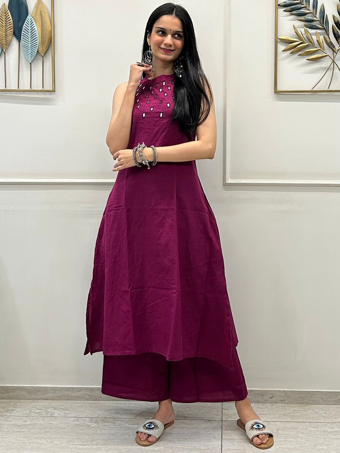 MILAAV Women Solid A-Line Kurta with palazzo