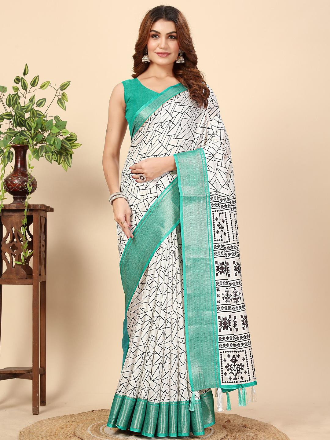 SSHAGUN LIFESTYLE Blue Abstract Printed Madhubani Cotton Silk Saree