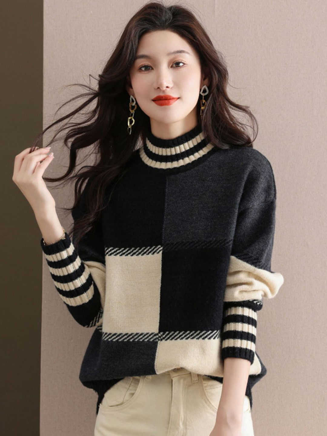 HERE&NOW Women Colourblocked Trutle Neck Pullover