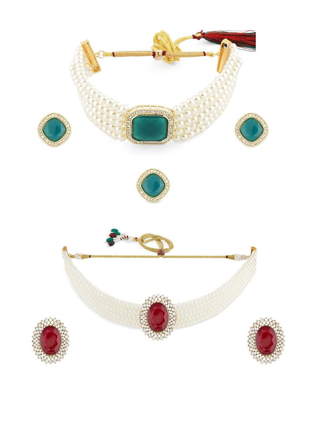 AMI Women Set Of 2 Gold-Plated Choker Stone-Studded & Beaded Jewellery Set