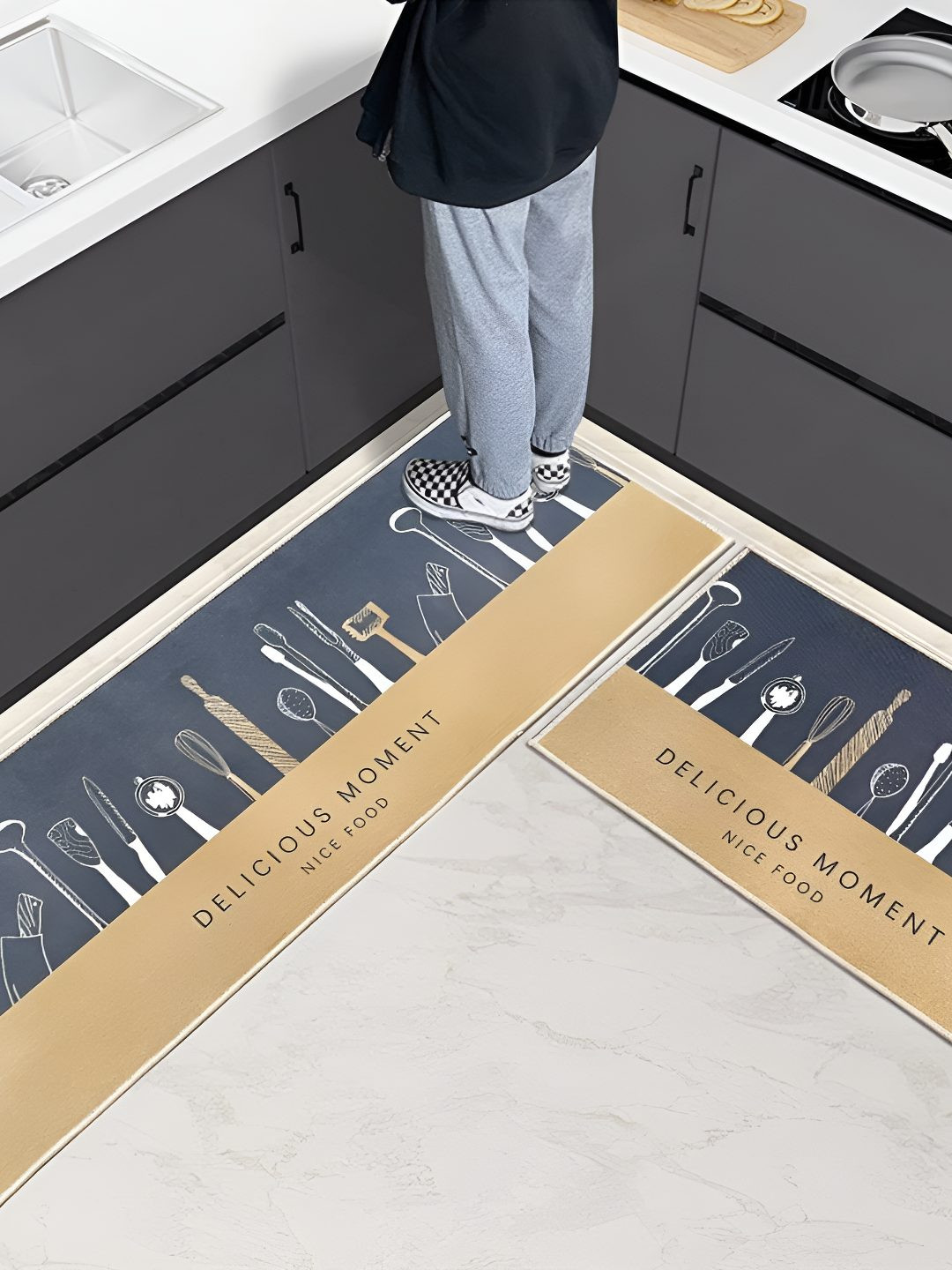 FAVRIA 2-Pcs Charcoal & Khaki Printed Waterproof Anti-Fatigue Floor Mats