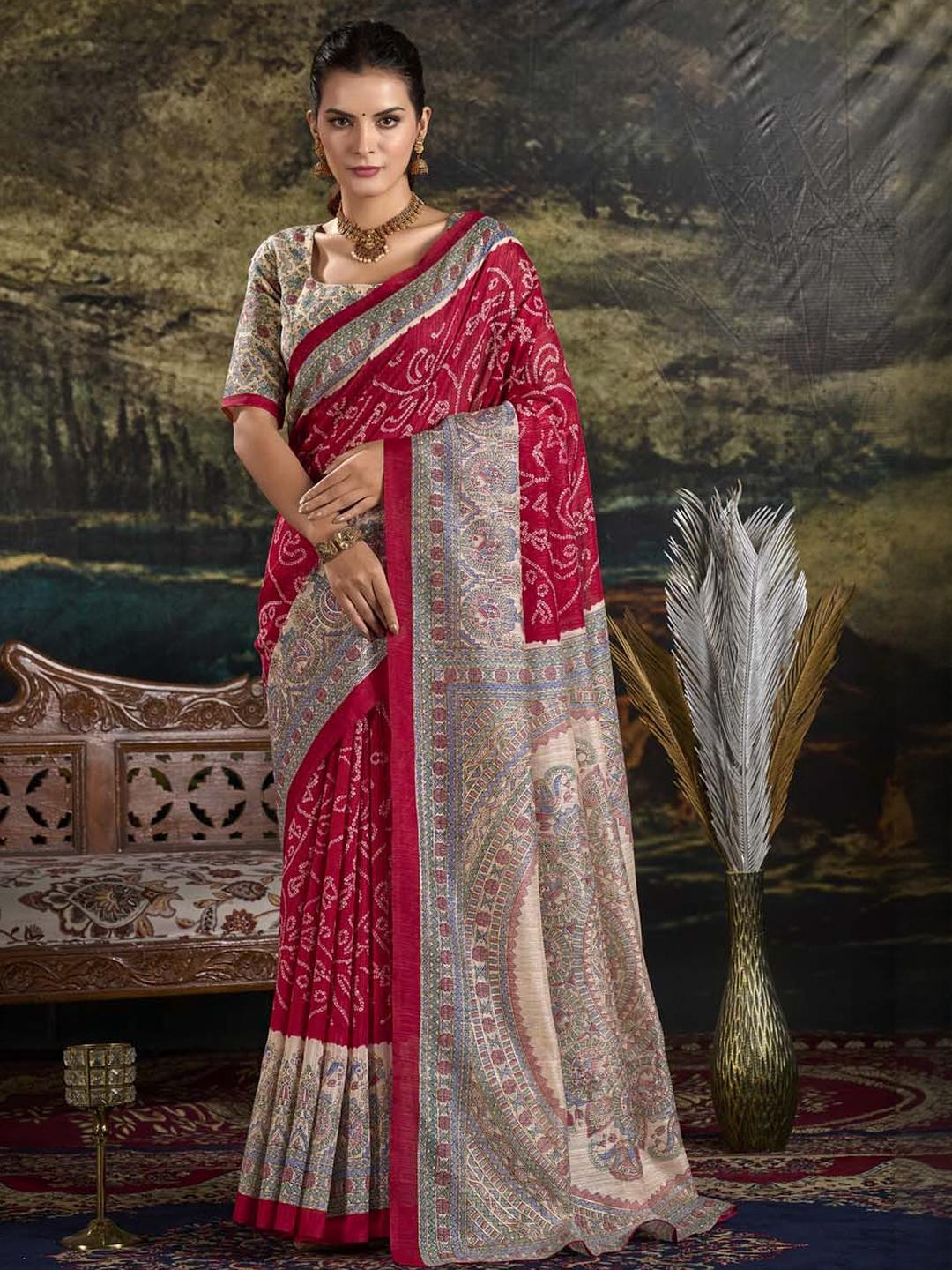 LOOKNBOOK ART Women Maroon Bandhani Saree