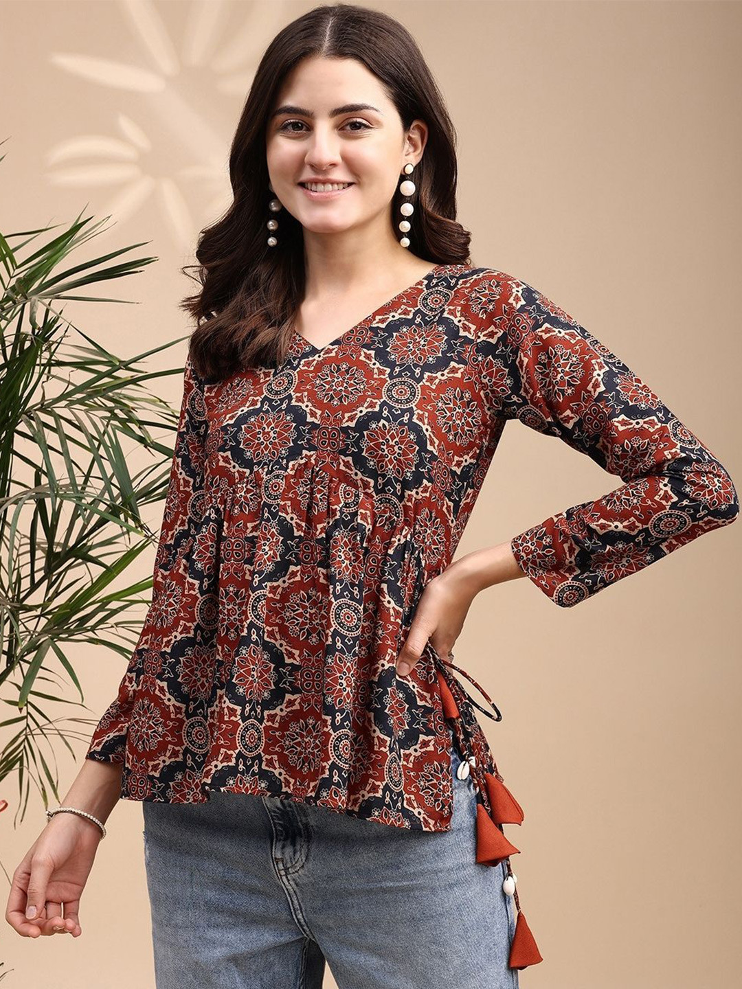 Youthnic Women Ajrak Print Alia cut Peplum Kurti With Tassles and Kodi