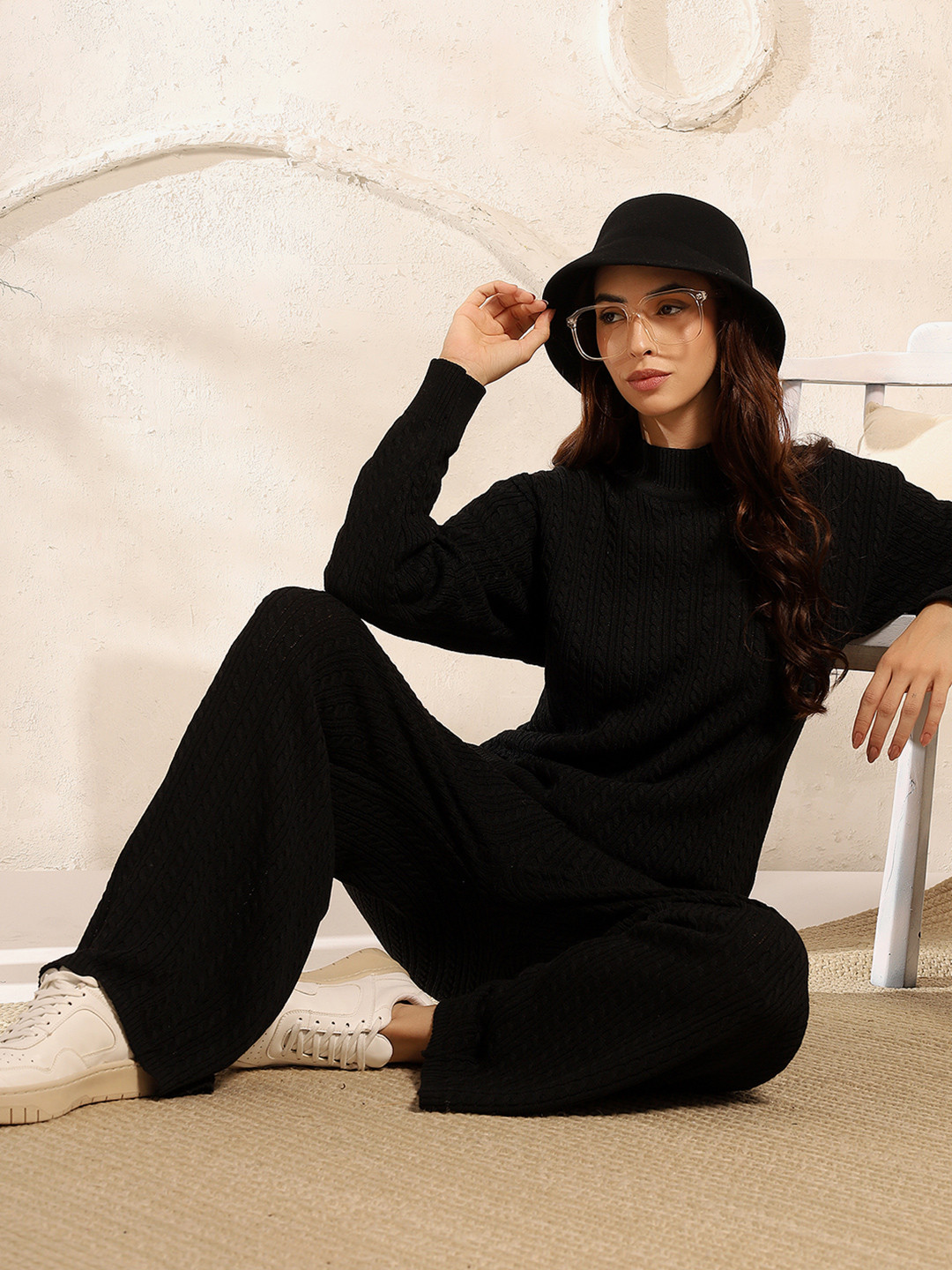 Black Self Design High Neck Sweater with Trousers