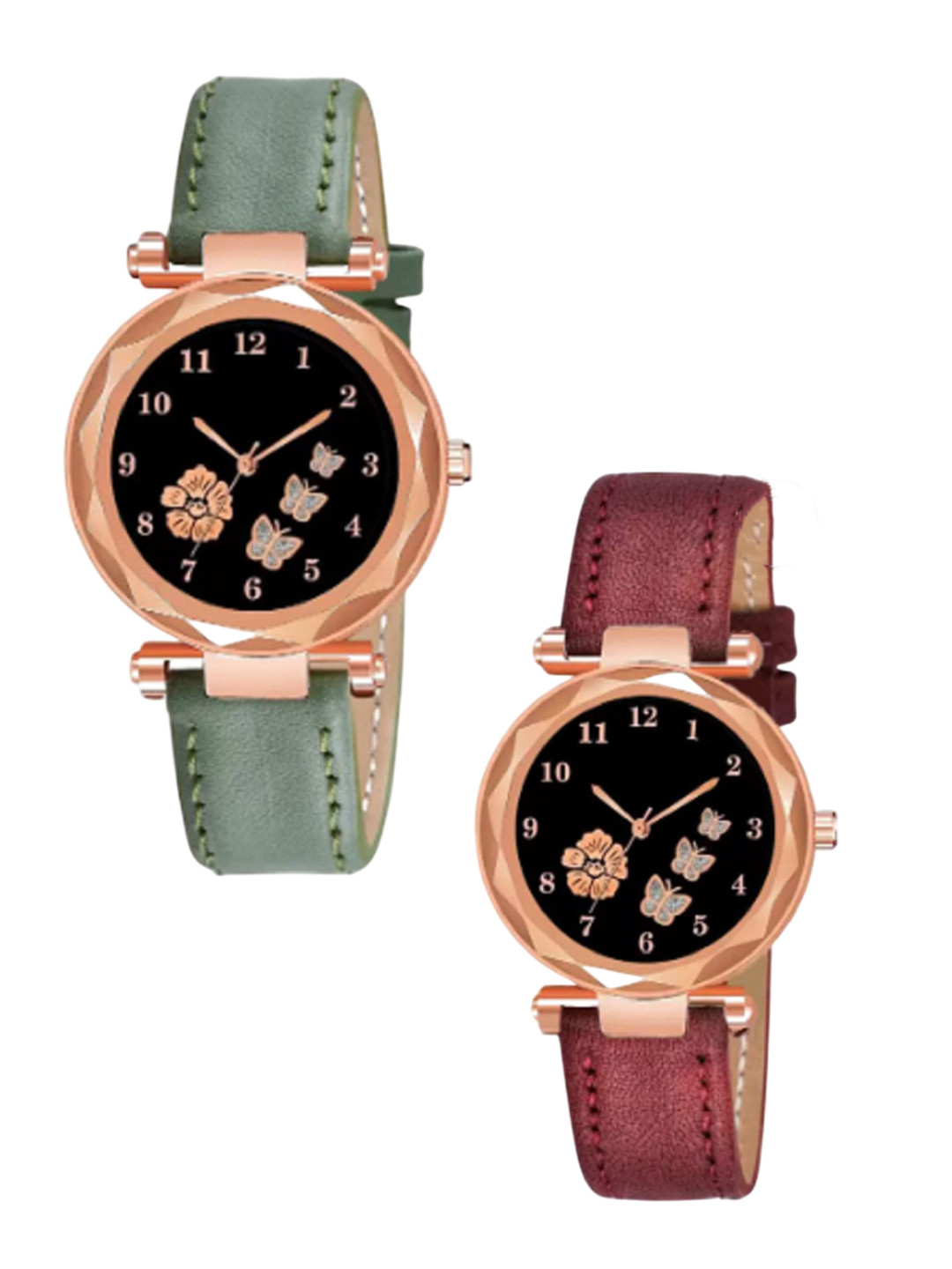 Miss Perfect Unisex Pack Of 2 Printed Dial & Leather Straps Analogue Watch HJ506