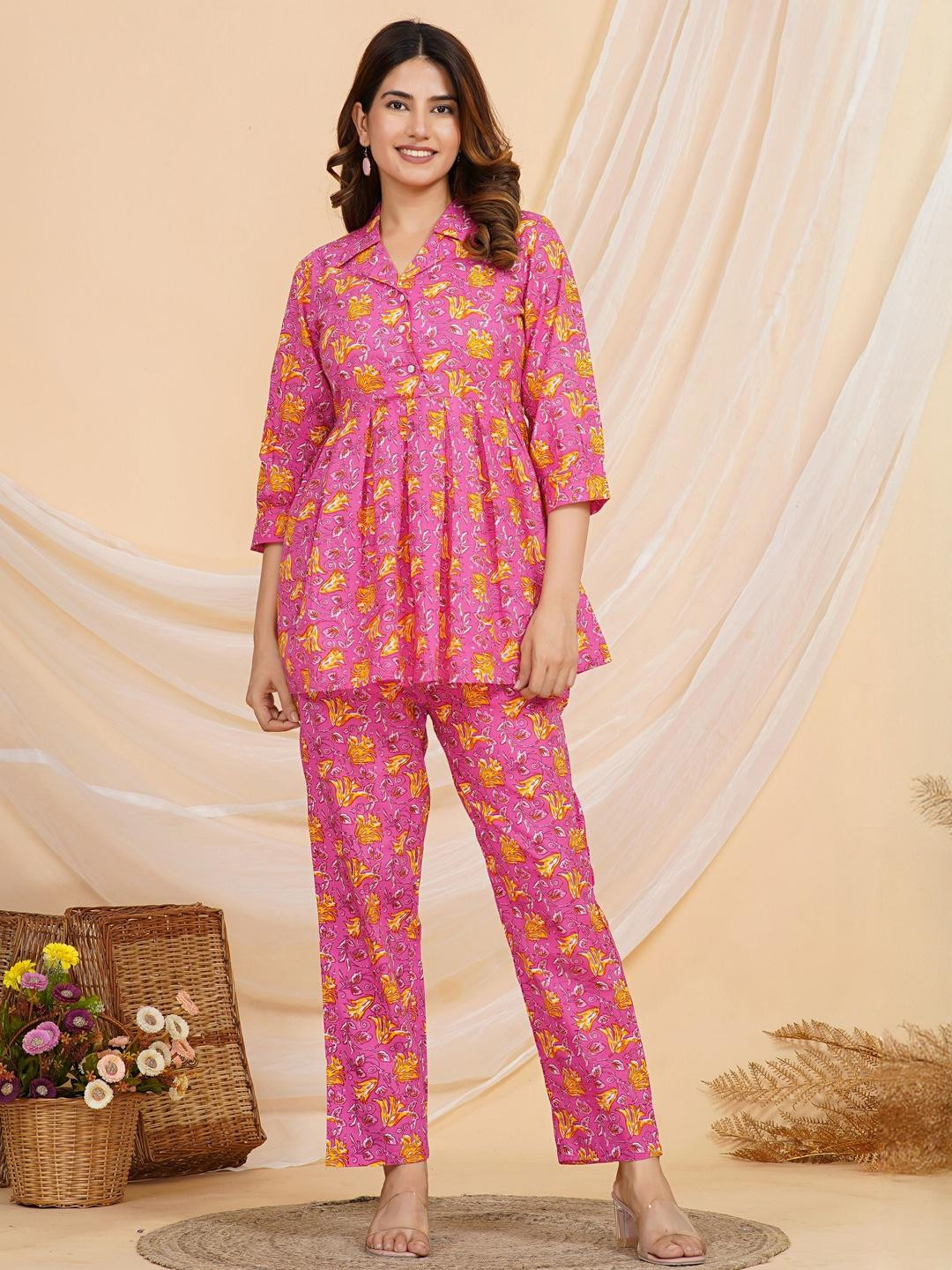 SAME FIT Printed Shirt Collar Cotton Tunic With Trousers