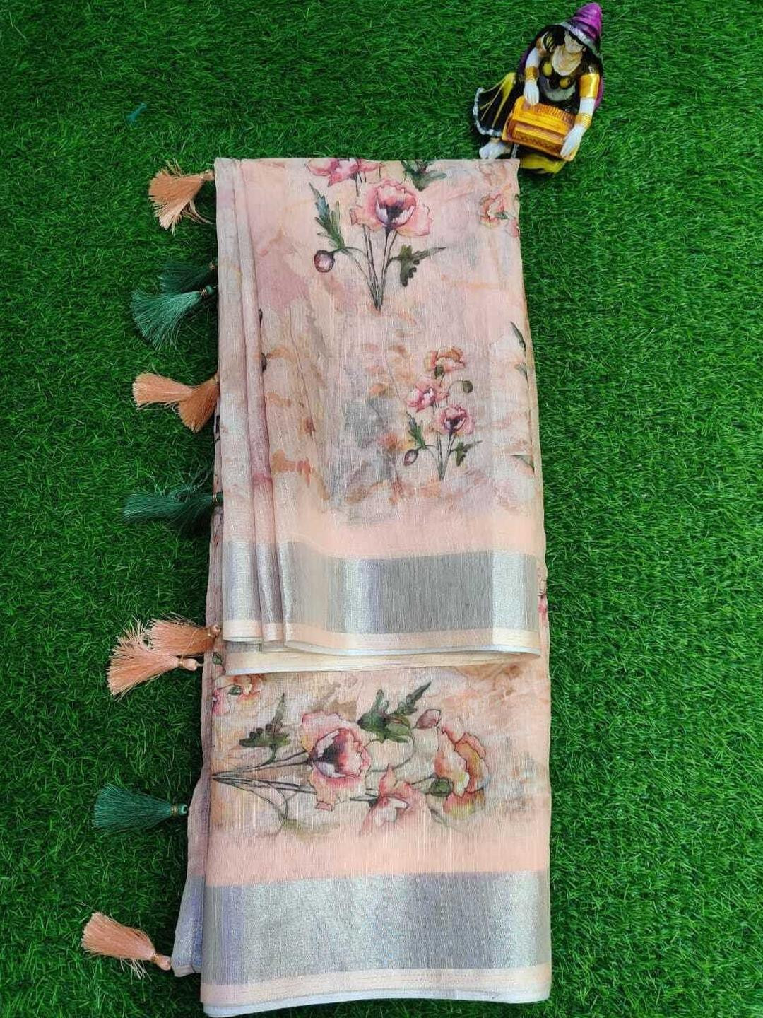 SSHAGUN LIFESTYLE Orange Floral Print Bollywood Linen Saree