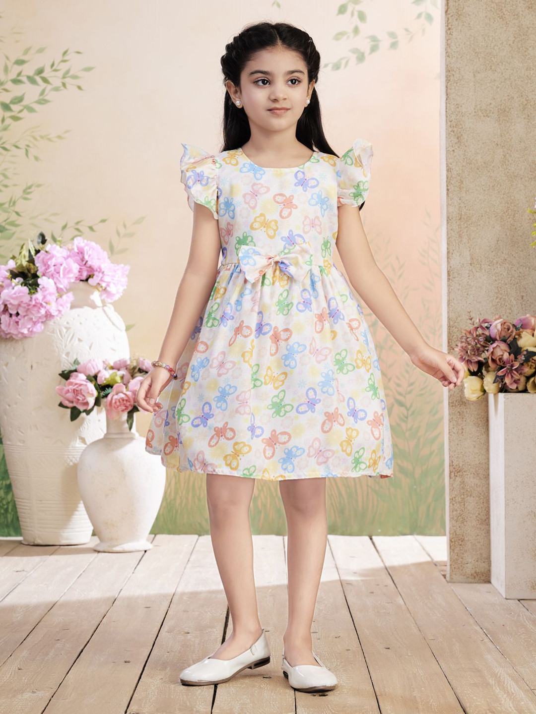 Aarika Girls Flutter Sleeve Butterfly Print Cotton Fit & Flare Casual Dress With Bow