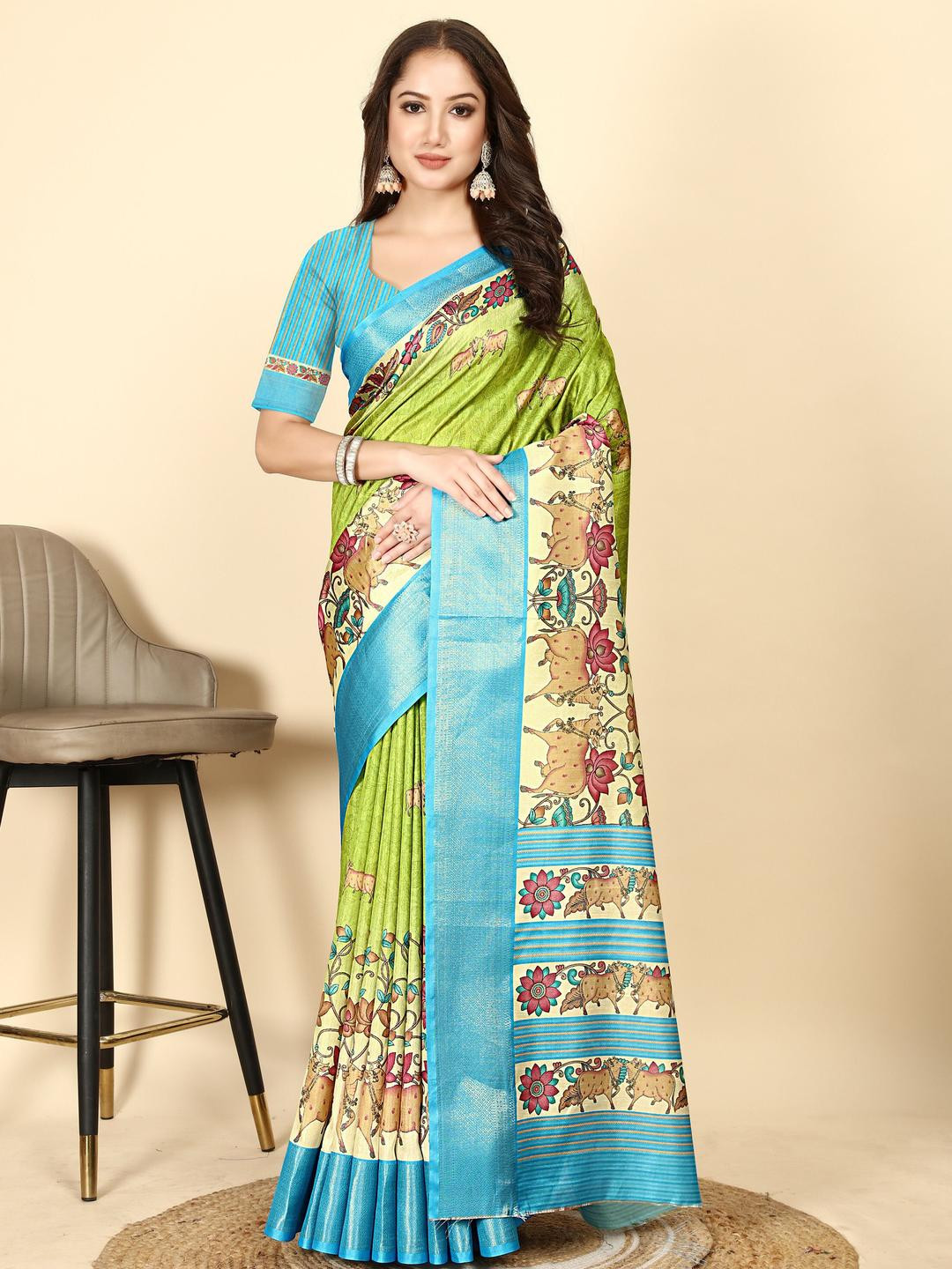 SSHAGUN LIFESTYLE Blue Ethnic Motifs Printed Bollywood Cotton Silk Saree