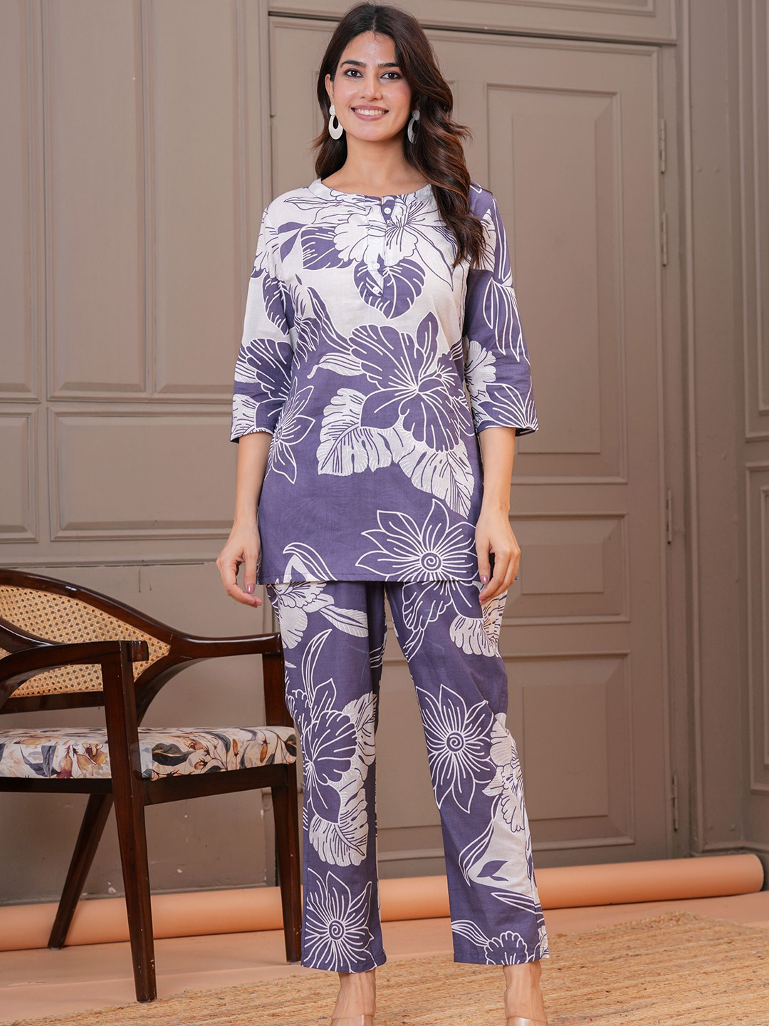Pashet Women Floral Printed Round Neck Pure Cotton Top With Trousers Co-Ords