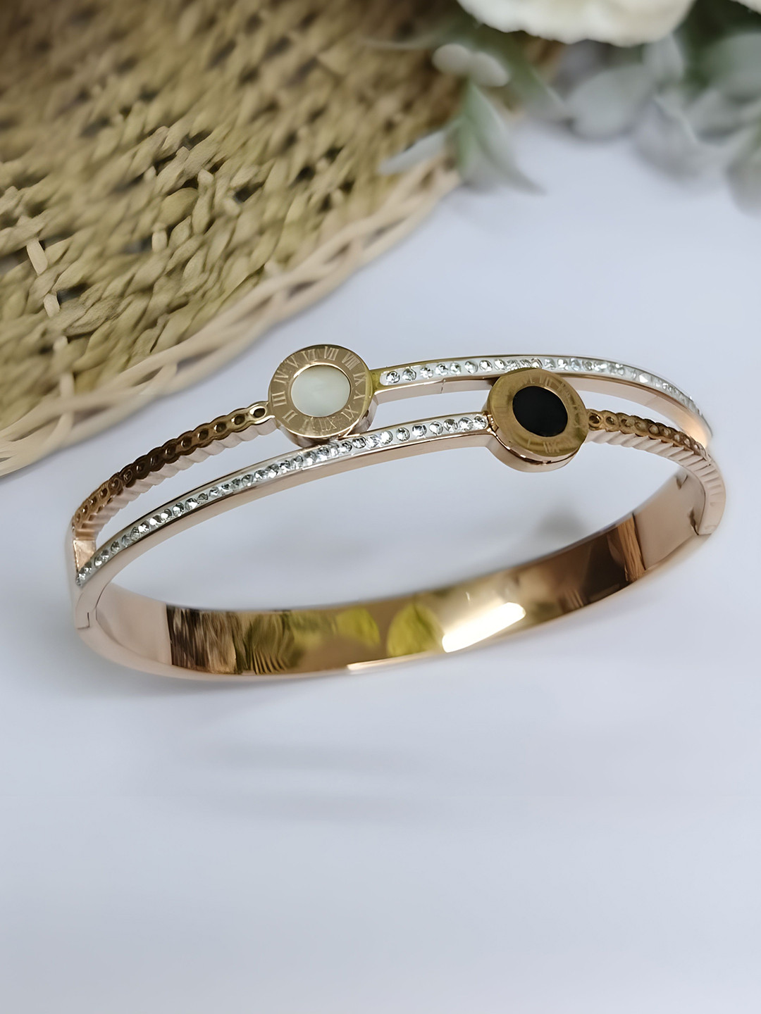 SV FANCY BANGLES Stainless Steel Gold-Plated Crystals Studded Bangle-Style Bracelet