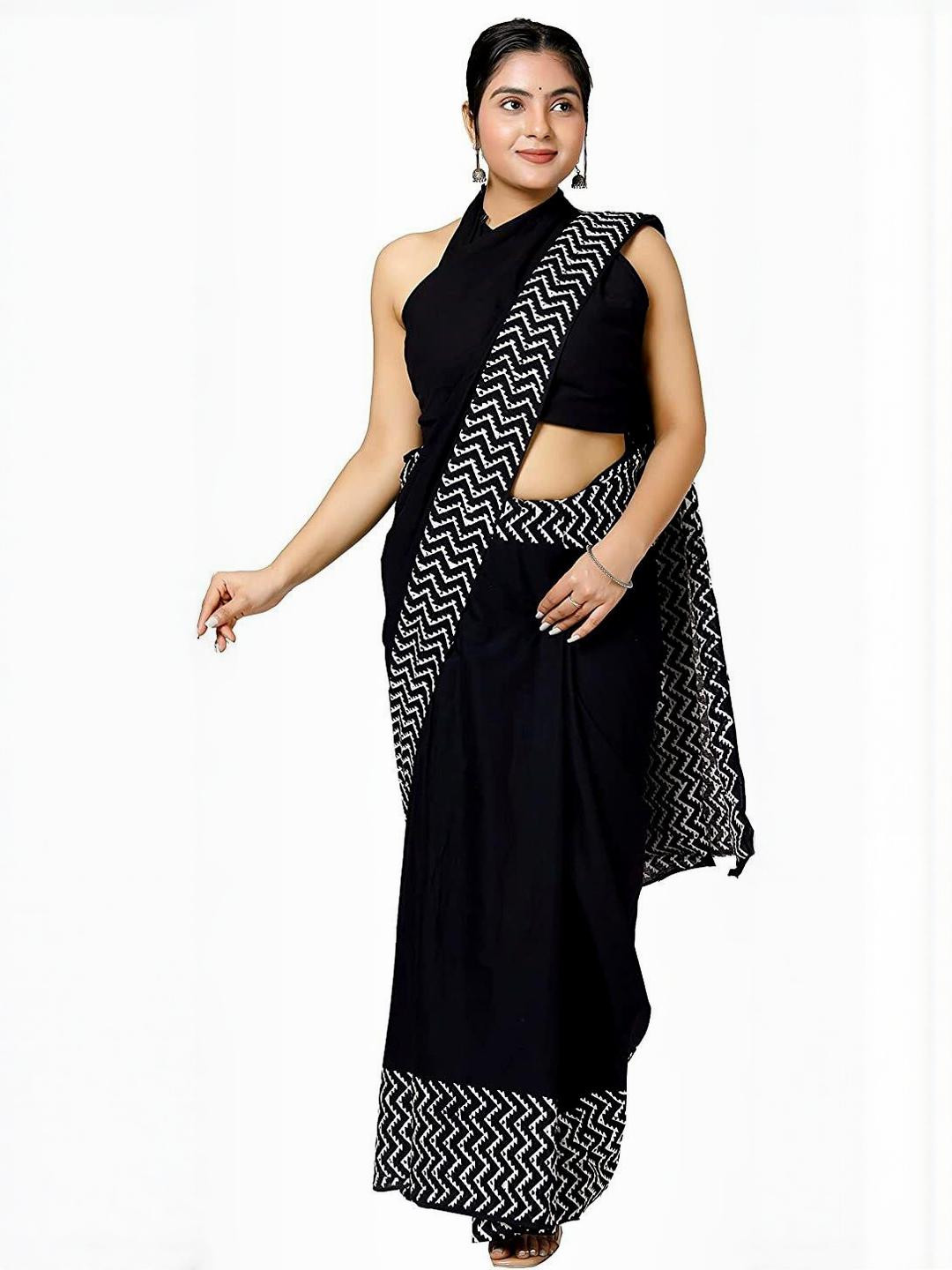 Dastkar Block Print Pure Cotton Block Print Saree With Blouse