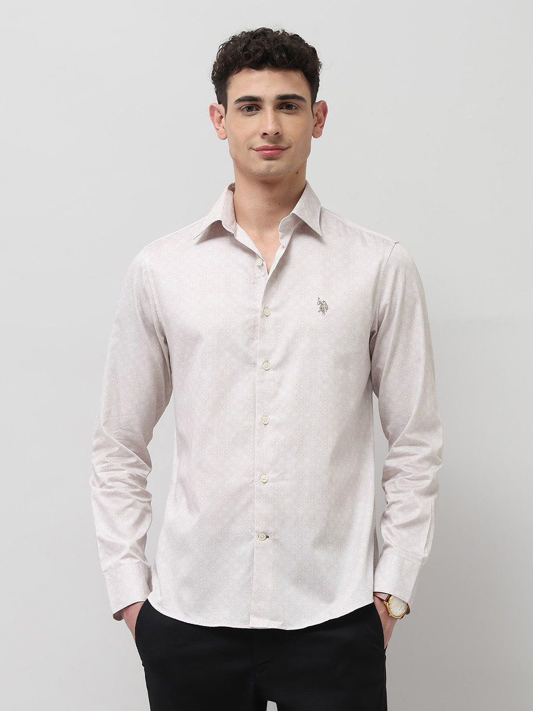 U.S. Polo Assn. Men Tailored Fit Ethnic Motifs Printed Pure Cotton Formal Shirt
