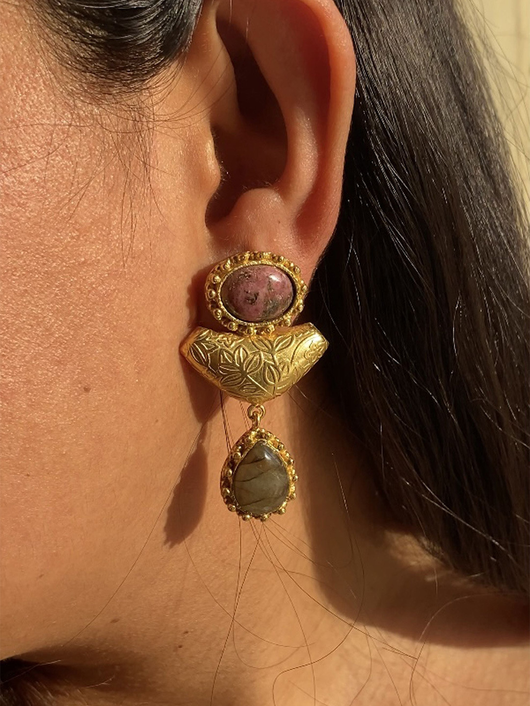 BaalaJewels Gold-Plated Labradorite Studded Teardrop Shaped Drop Earrings