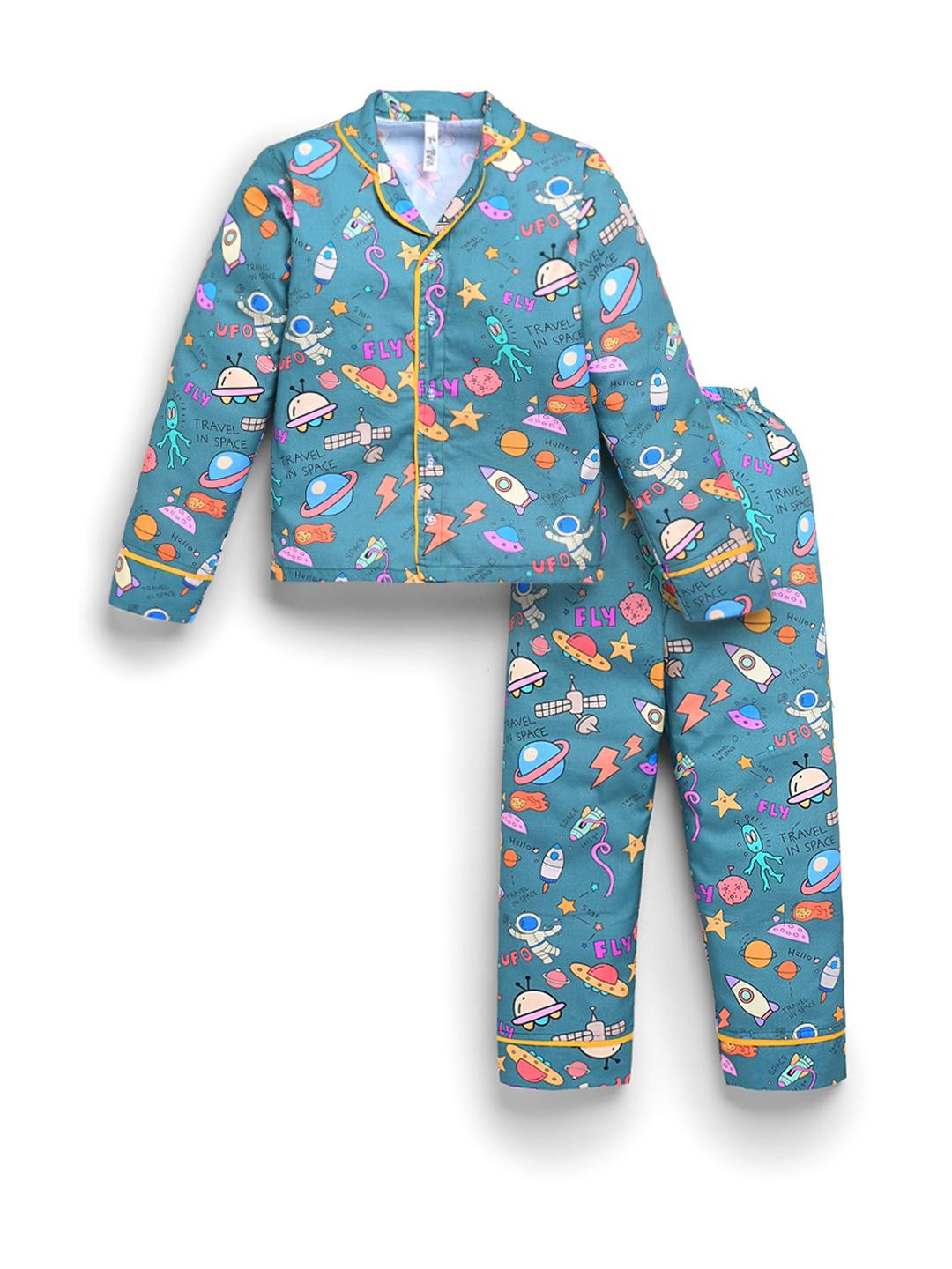 THE TORN Unisex Kids Green Printed Night suit