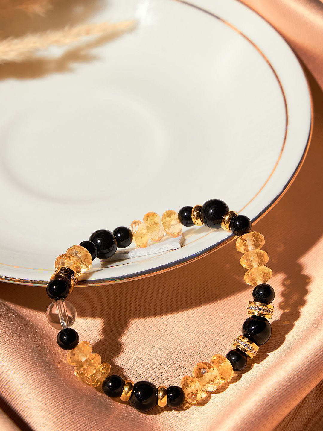 Stone Story By Shruti Unisex Silver Gold Plated Citrine Beaded Elasticated Bracelet