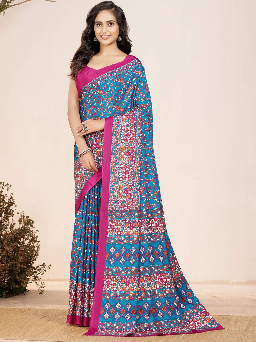 Garden Vareli Floral Printed Crepe All Over Satin Saree With Unstitched Blouse Piece