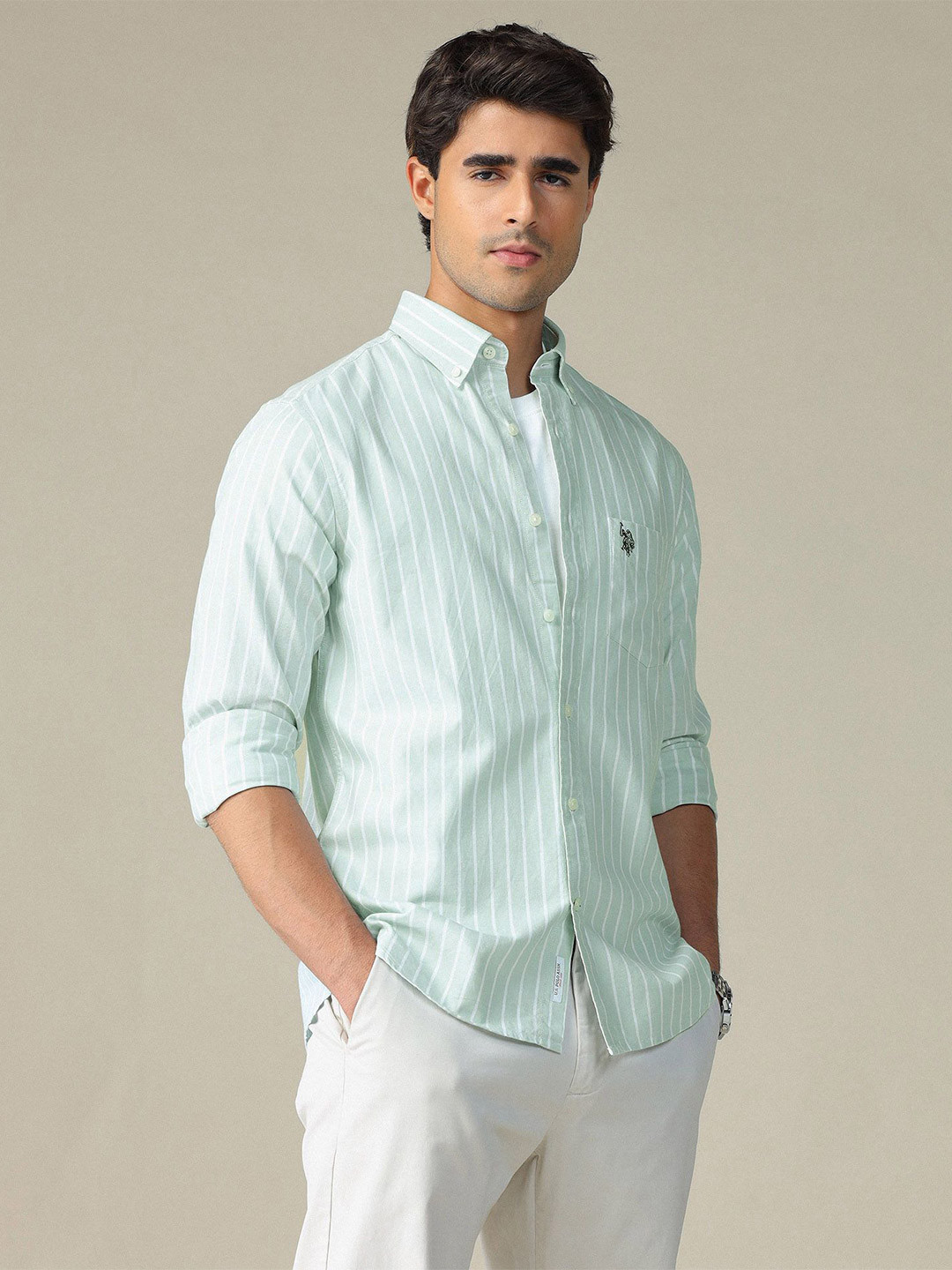 U.S. Polo Assn. Men Tailored Fit Vertical Striped Pure Cotton Casual Shirt